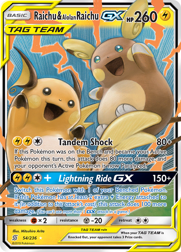 Raichu & Alolan Raichu-GX — Unified Minds #054 / 236