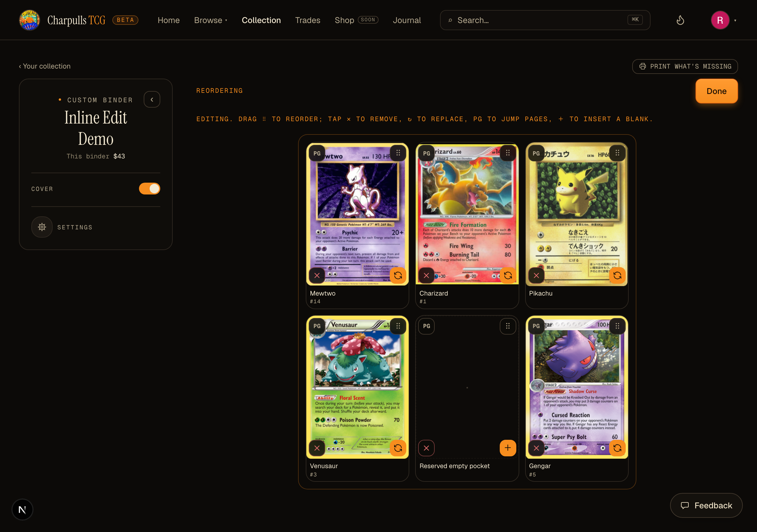 The Edit cards reorder grid