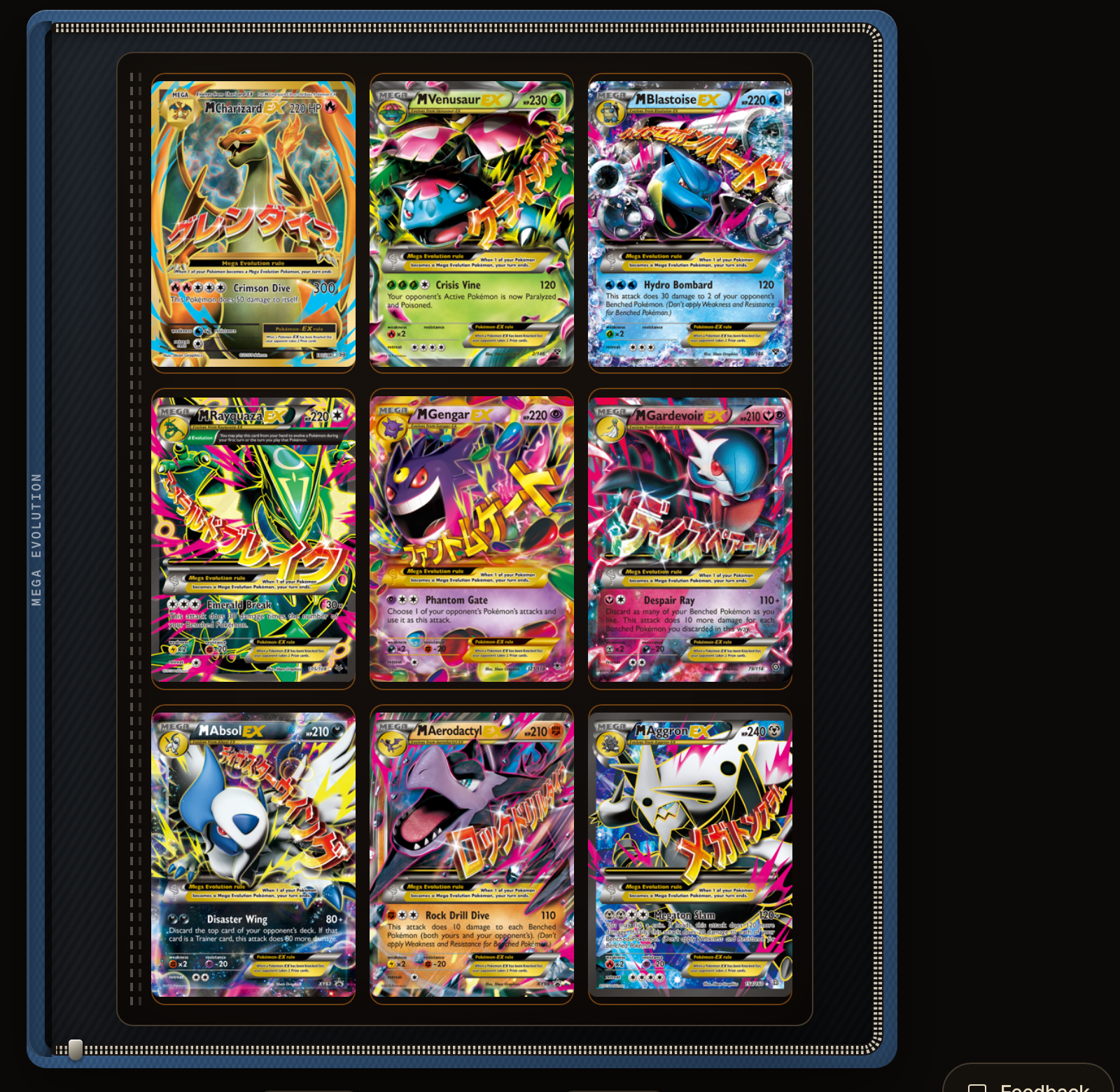A page of XY-era Mega EX cards in the Extras of a Mega Evolution set binder