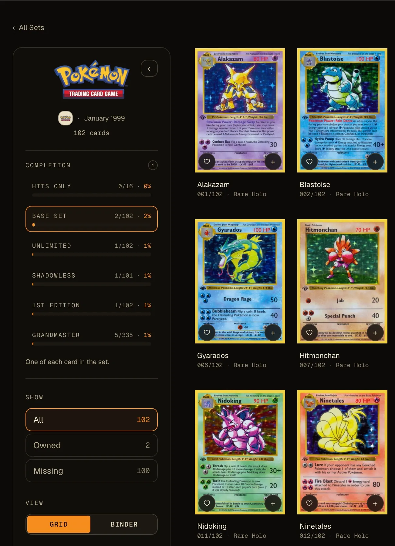 Screenshot showcasing the completion bar, and several holo Base set pokemon cards. 